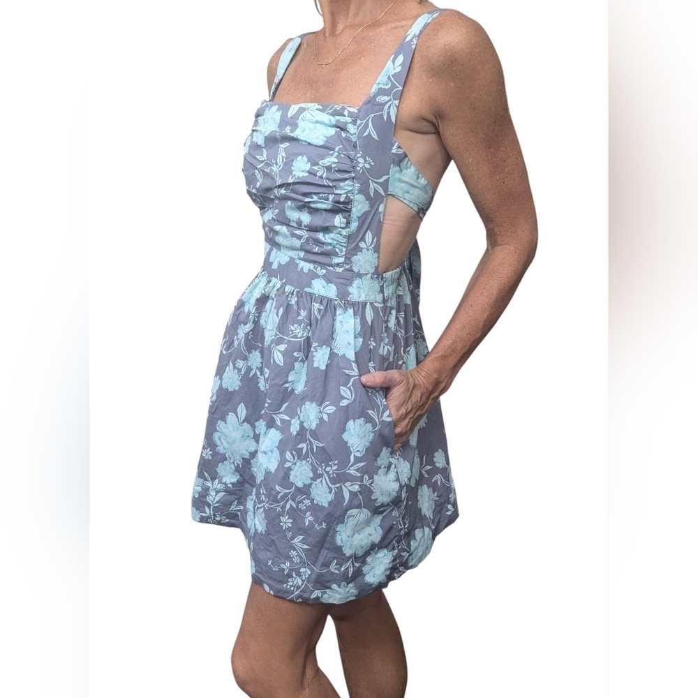 Free People Floral Open Back Mini Dress Blue Ruched Size S - Picture 1 of 12